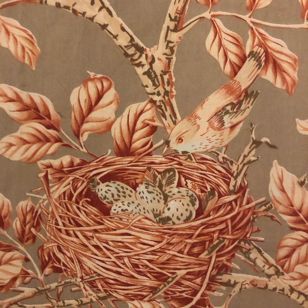 Brunschwig and Fils “The Walnut Grove” Nesting Birds fabric. 1998 screen print.